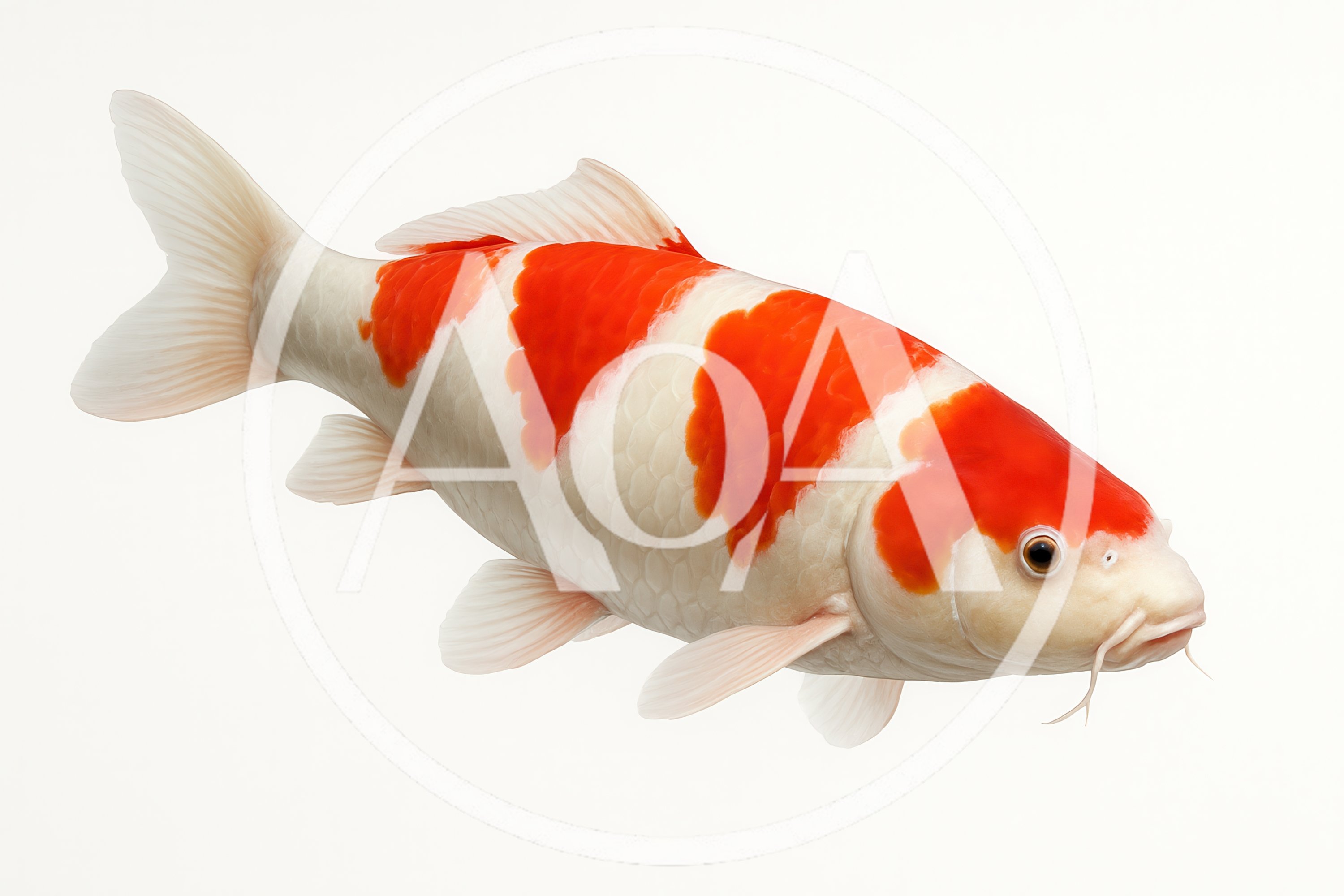 Kohaku Koi Fish Swimming Isolated On White Background