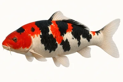 Sanke Koi Fish Swimming Isolated On White Background