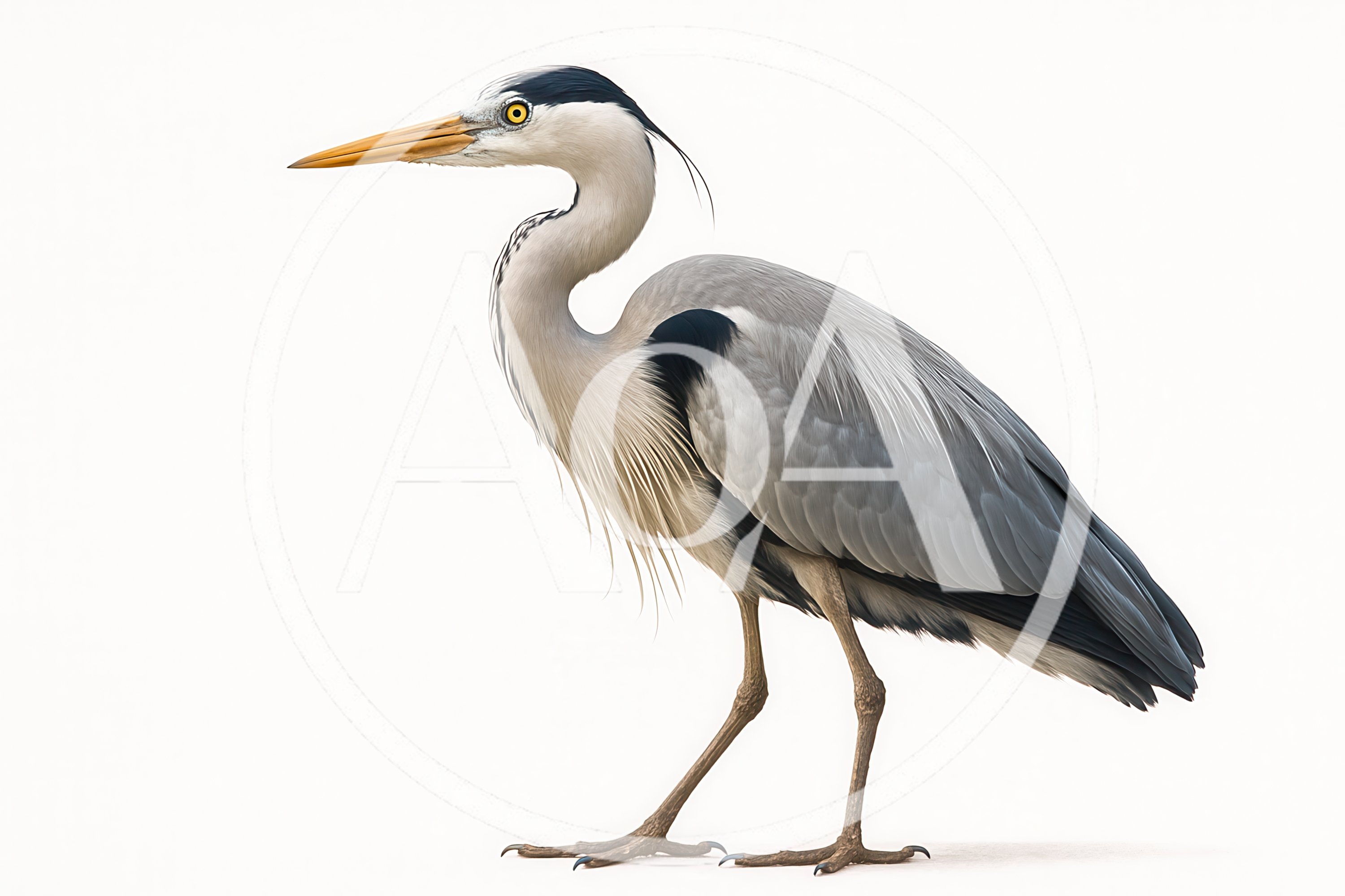 Grey Heron Standing Isolated On White Background