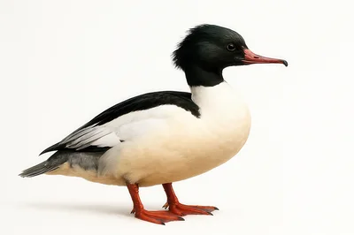 Common Merganser Drake Standing on White Background