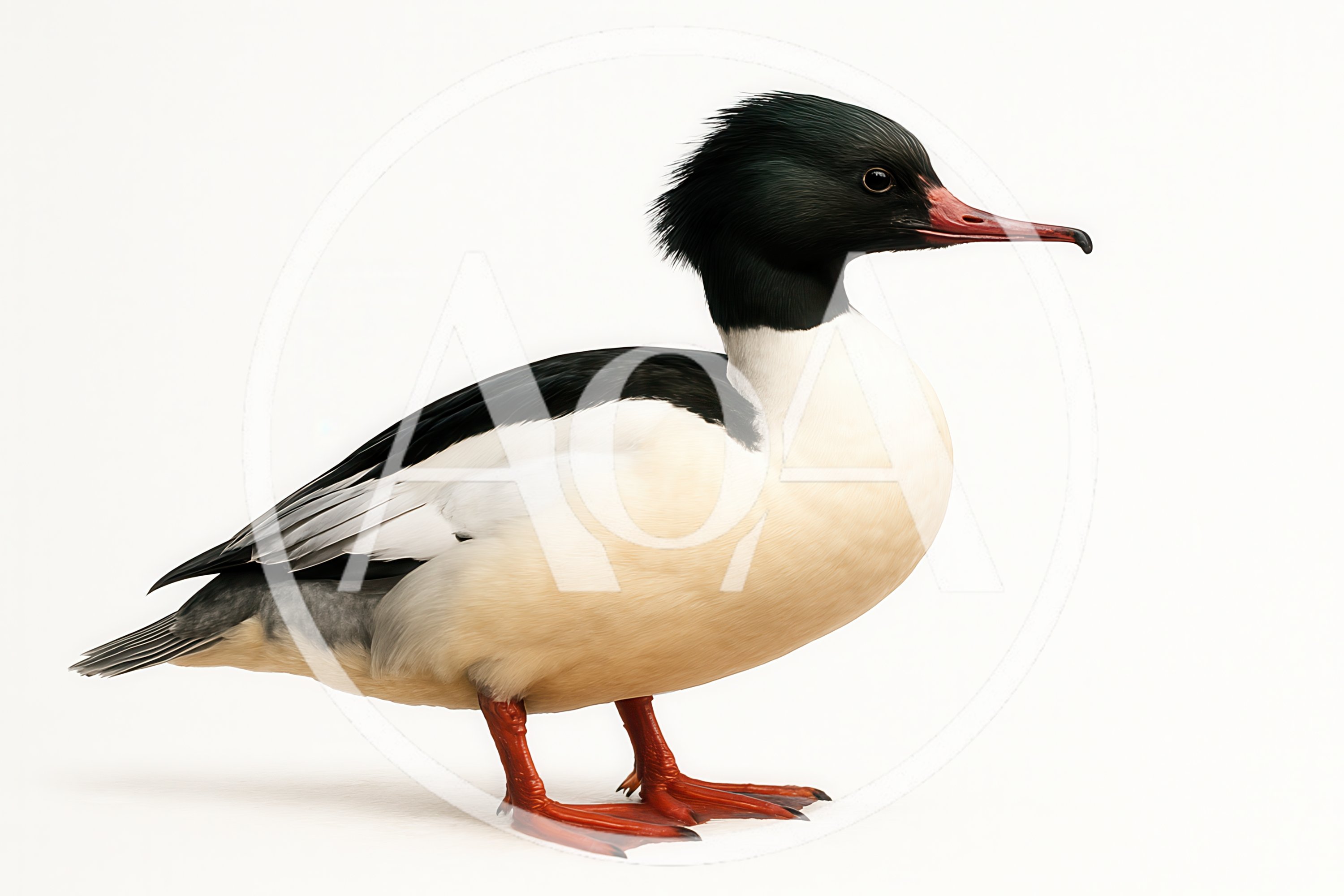 Common Merganser Drake Standing on White Background