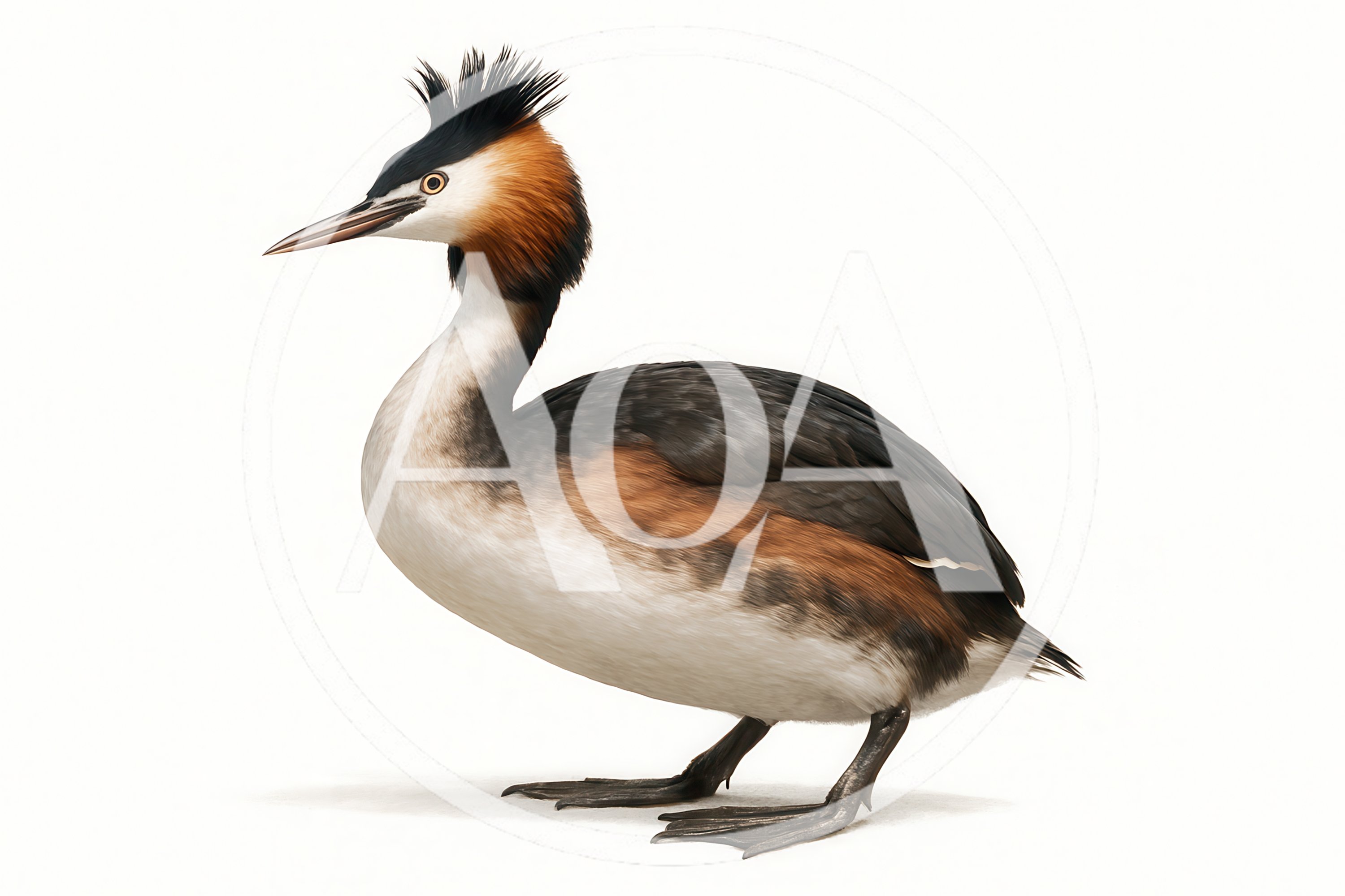 Great Crested Grebe Standing On White Background