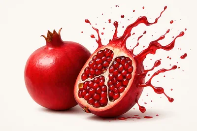 Whole And Halved Pomegranate With Dynamic Juice Splash