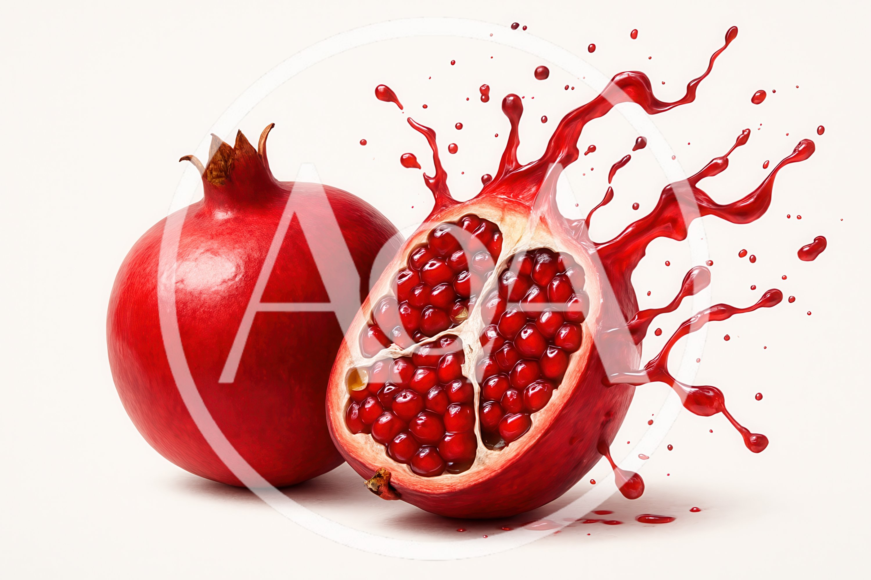Whole And Halved Pomegranate With Dynamic Juice Splash