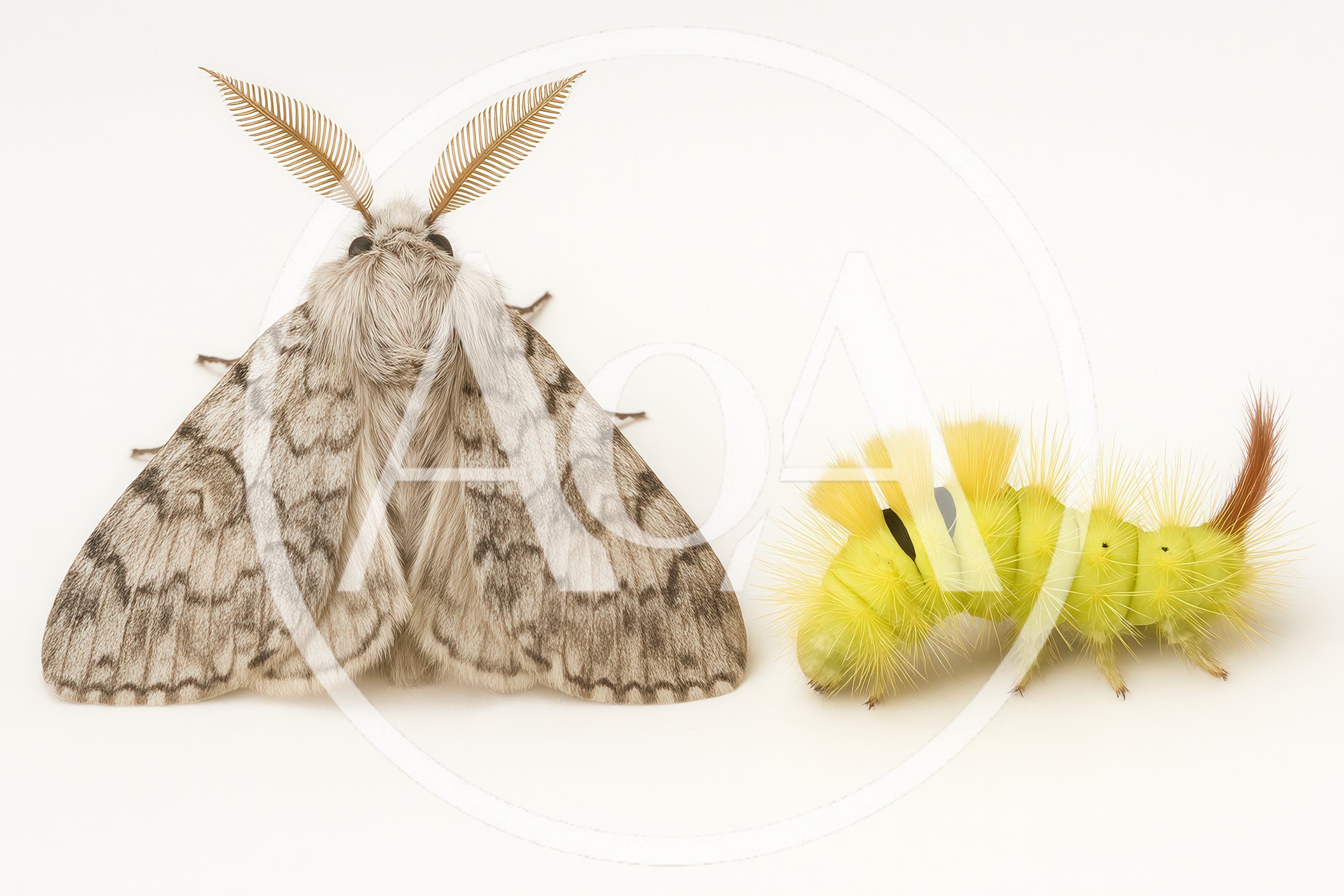 Pale Tussock Moth And Caterpillar Side By Side