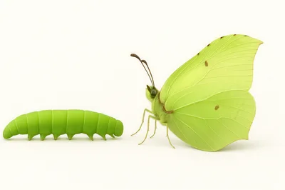 Green Caterpillar And Brimstone Butterfly Side By Side