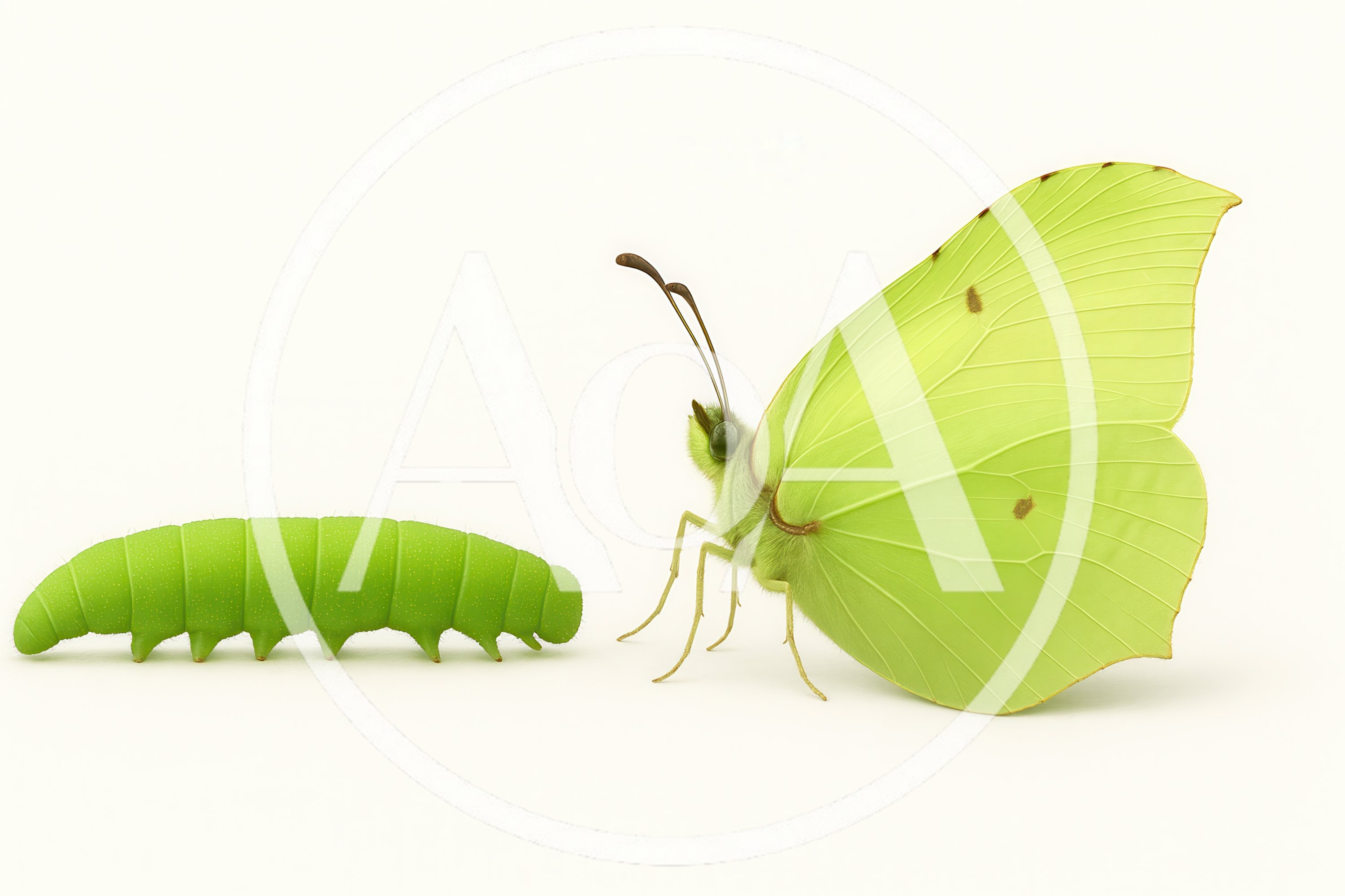 Green Caterpillar And Brimstone Butterfly Side By Side