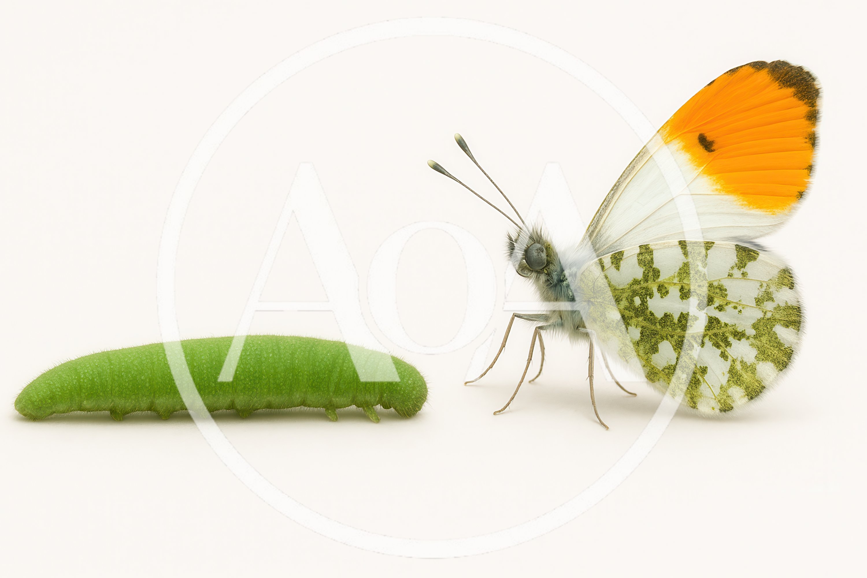Green Caterpillar And Orange Tip Butterfly Side By Side