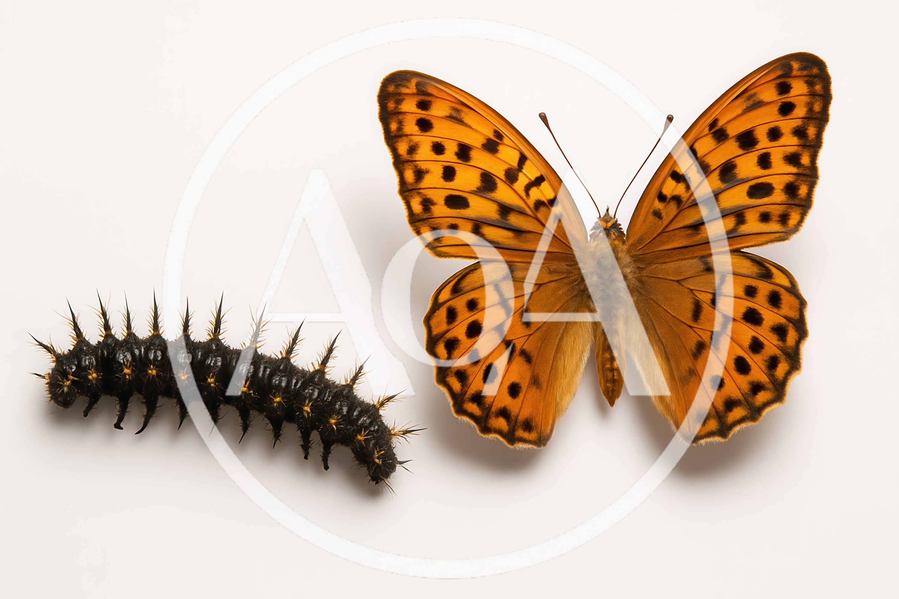 Spiky Black Caterpillar And Orange Fritillary Butterfly