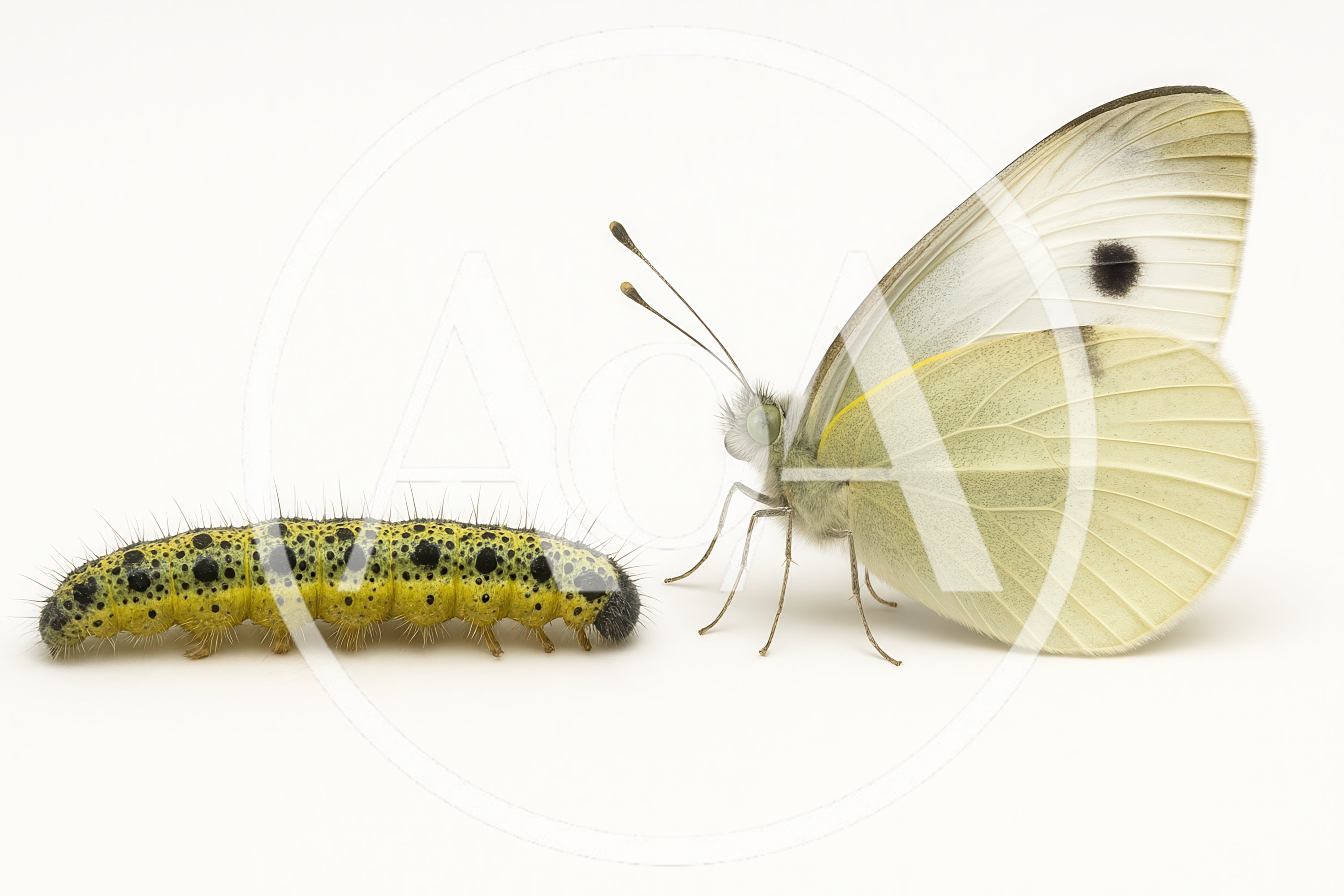 Large White Butterfly And Caterpillar Side By Side