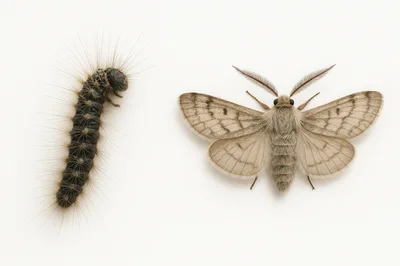 Hairy Caterpillar And Adult Moth Side By Side