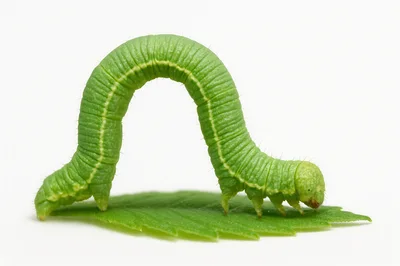 Green Inchworm Caterpillar Crawling On A Leaf