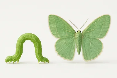 Green Caterpillar And Green Moth On White Background