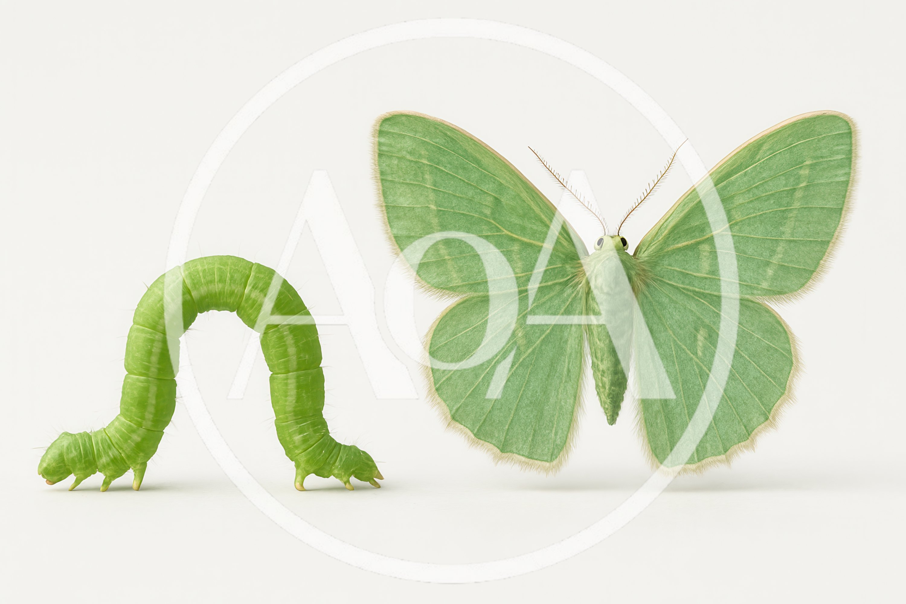 Green Caterpillar And Green Moth On White Background