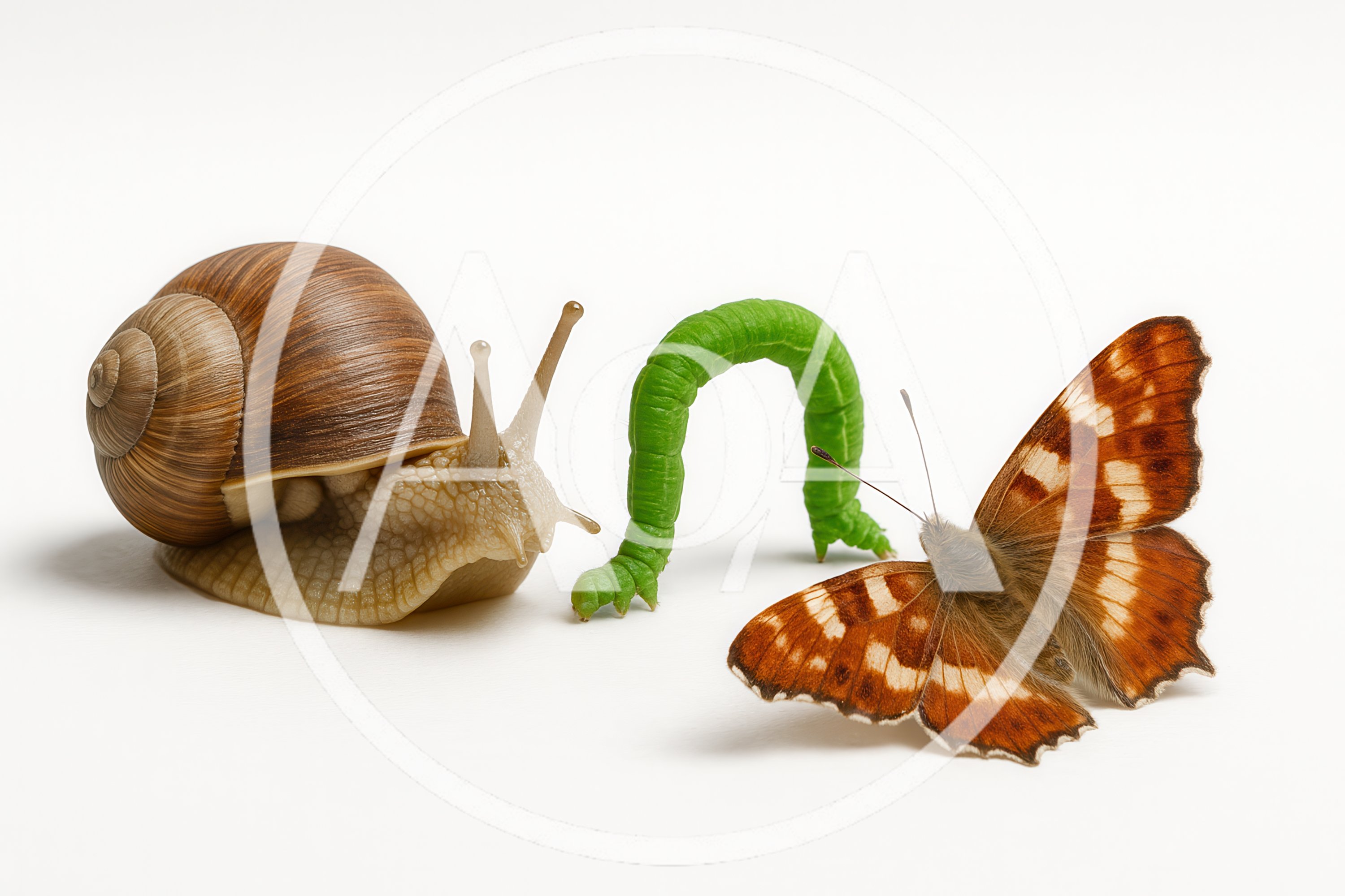 Snail Caterpillar and Butterfly Together on White Background