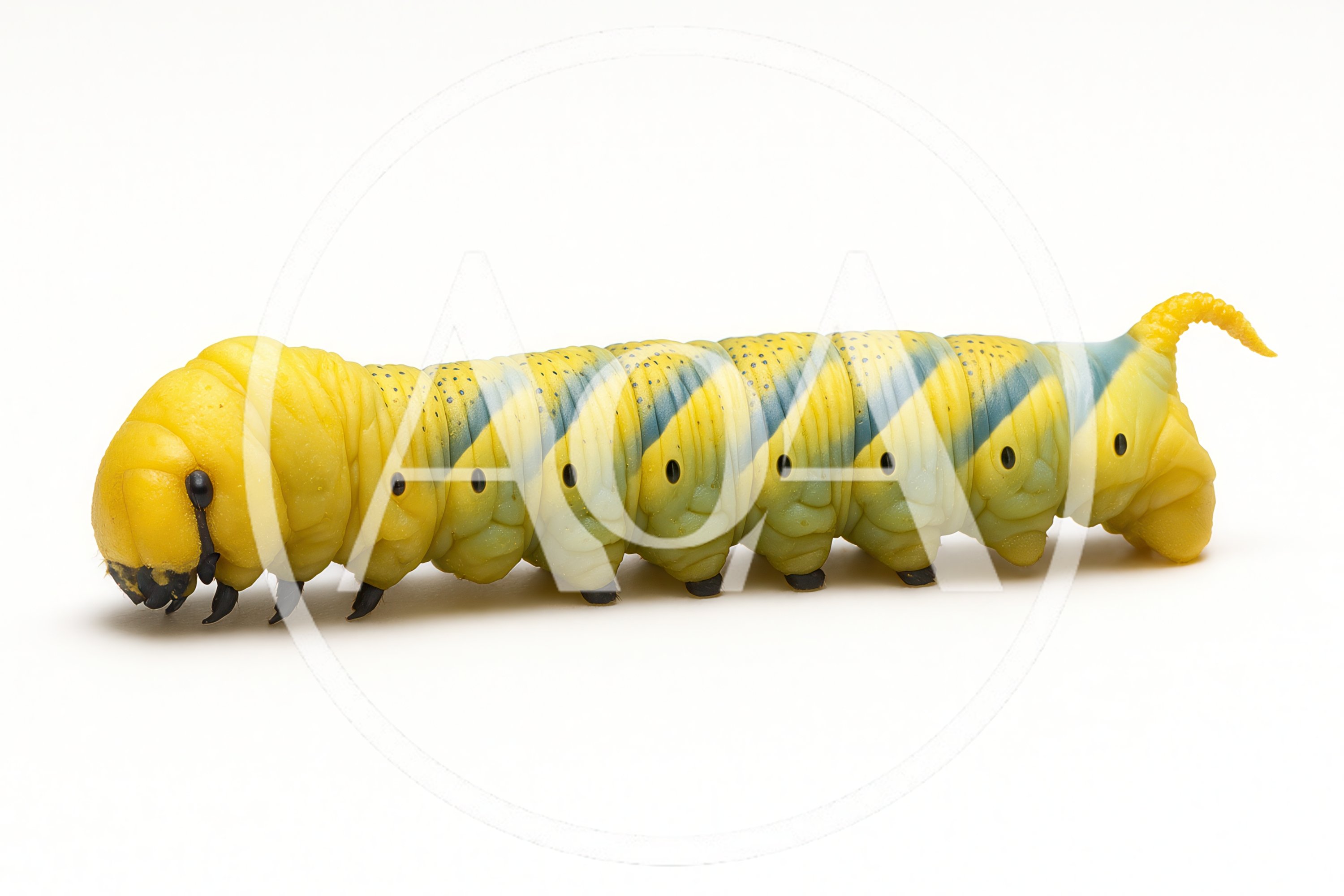Yellow And Blue Striped Caterpillar On White Background