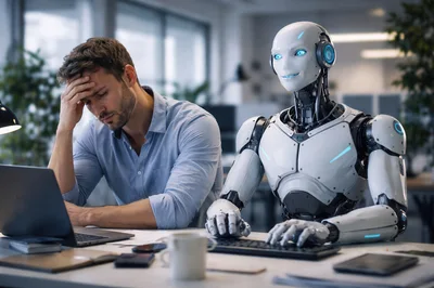 Stressed Businessman Working Alongside Advanced Humanoid Robot