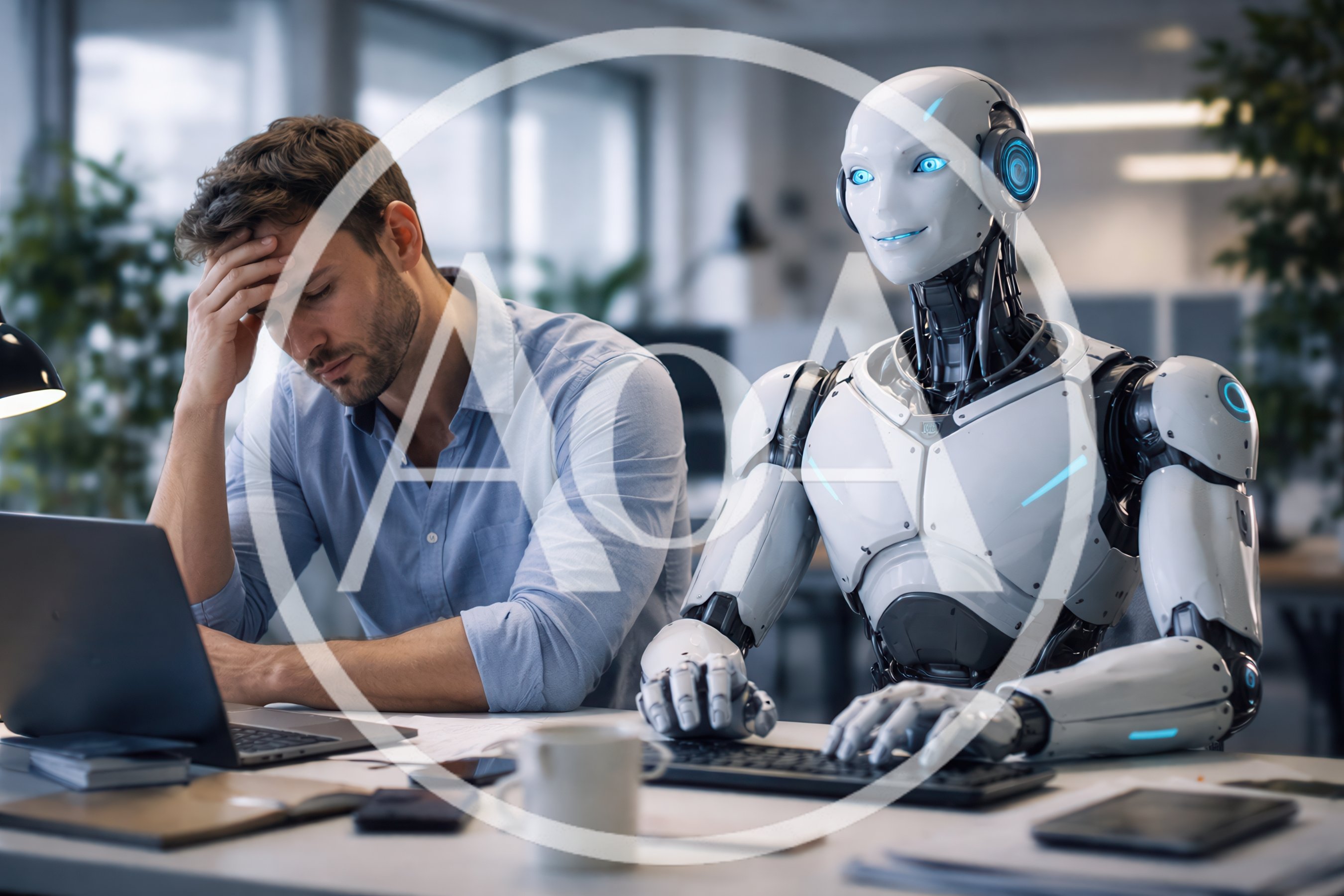 Stressed Businessman Working Alongside Advanced Humanoid Robot