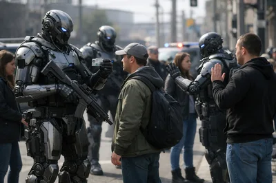 Futuristic Robotic Soldiers Inspecting Civilians In Urban Setting