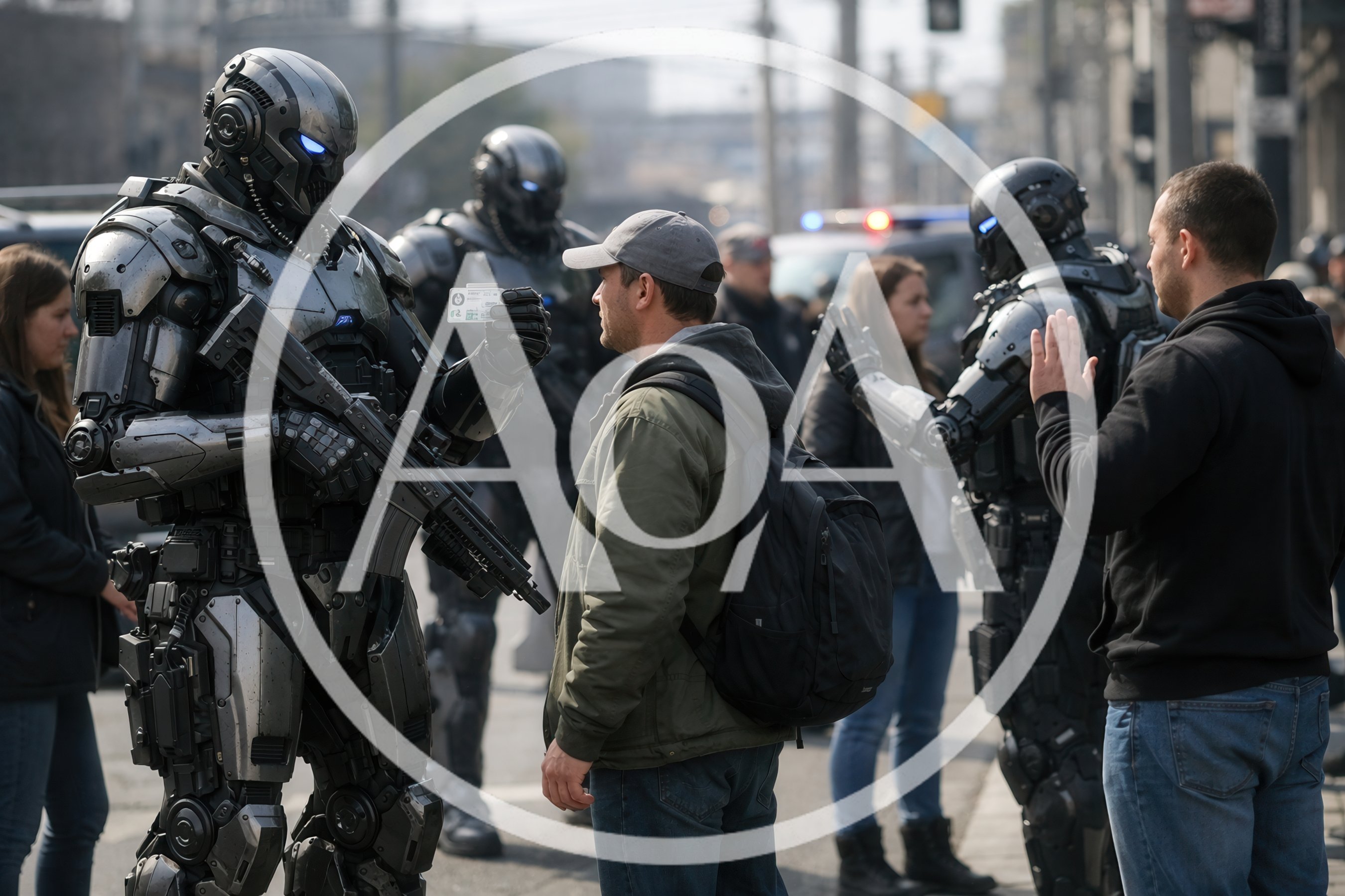 Futuristic Robotic Soldiers Inspecting Civilians In Urban Setting