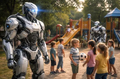 Futuristic Robots Interacting With Children At A Playground