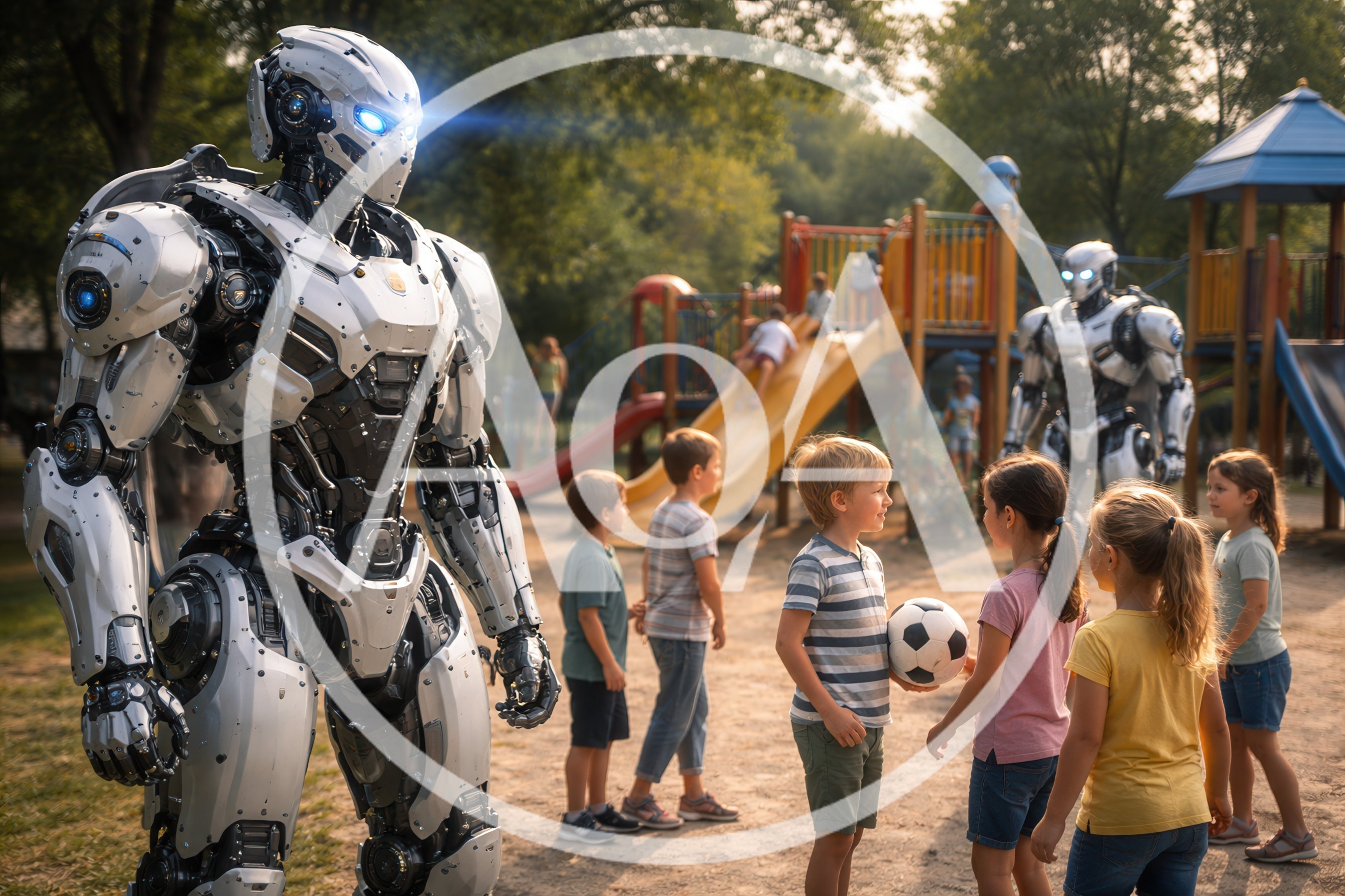 Futuristic Robots Interacting With Children At A Playground