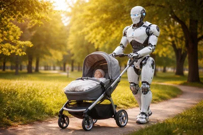 Humanoid Robot Pushing A Baby Stroller In A Park