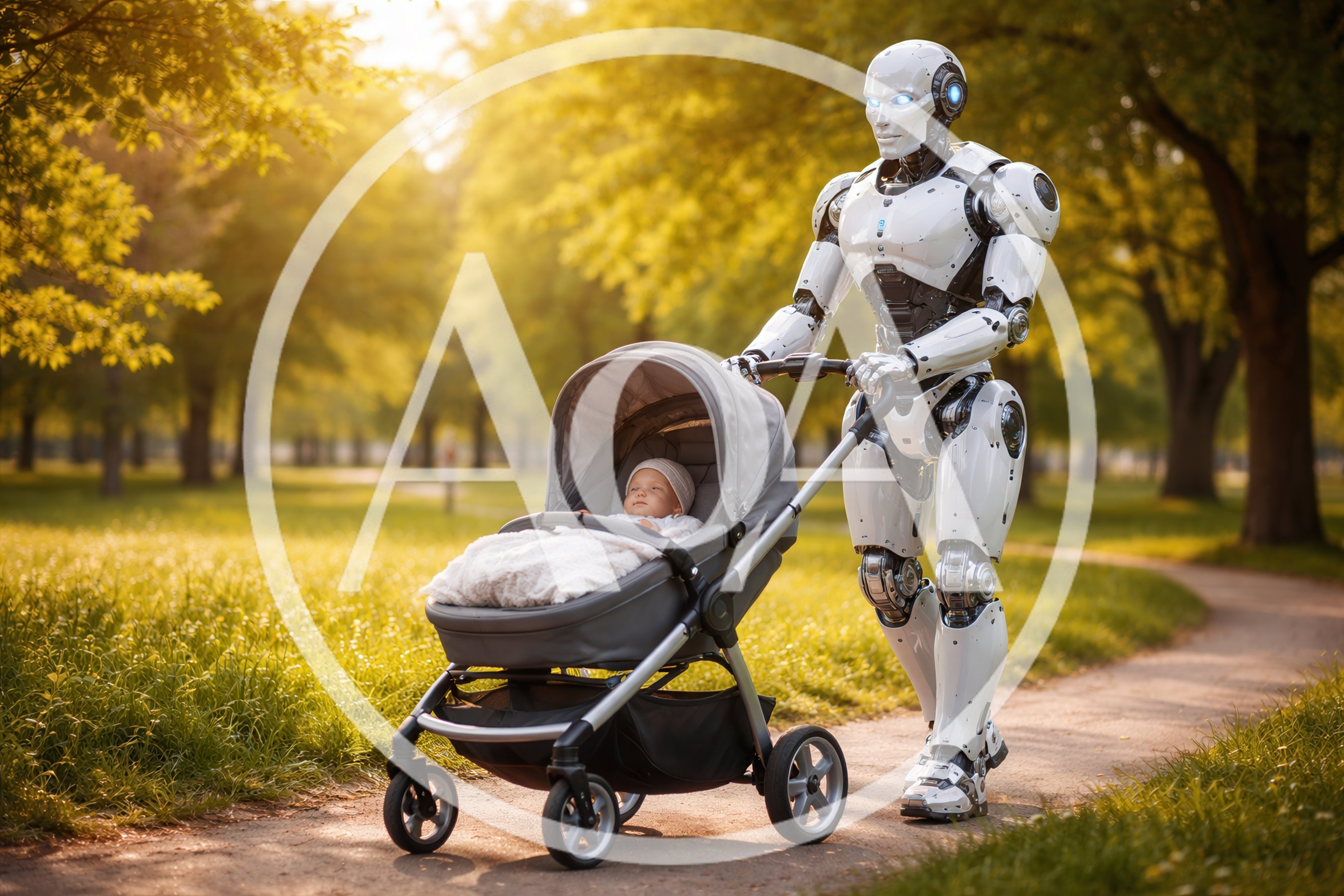 Humanoid Robot Pushing A Baby Stroller In A Park