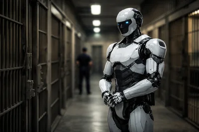 Futuristic Android Guard Standing In Prison Hallway
