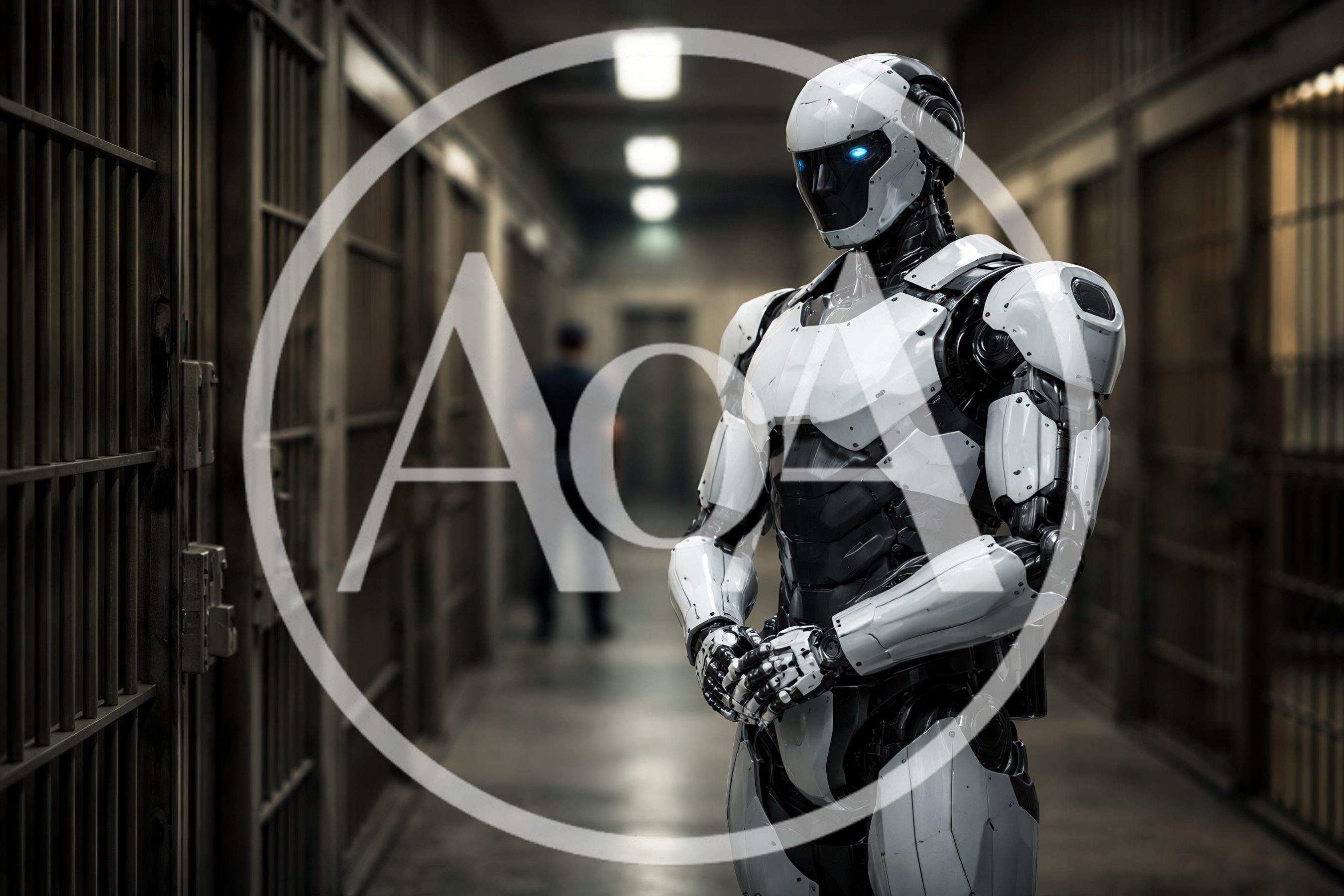 Futuristic Android Guard Standing In Prison Hallway