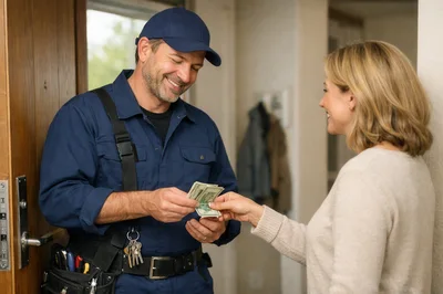 Woman Paying A Professional Repairman At The Door