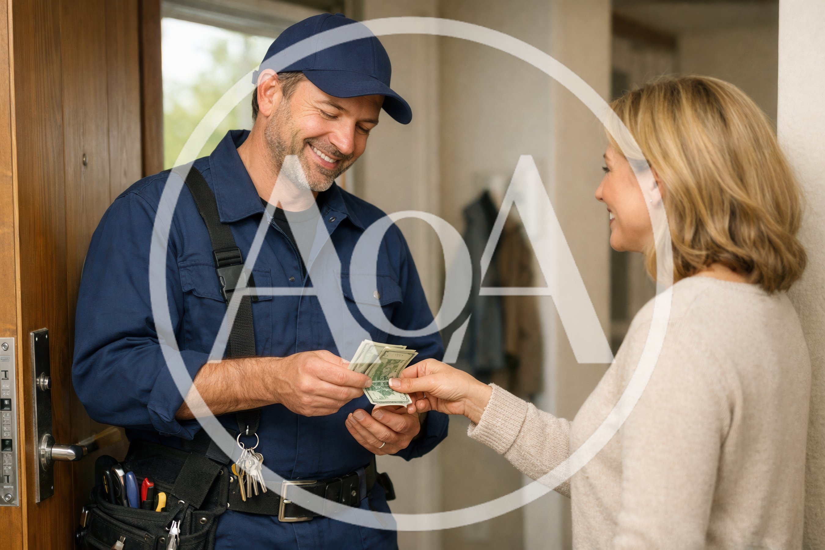Woman Paying A Professional Repairman At The Door