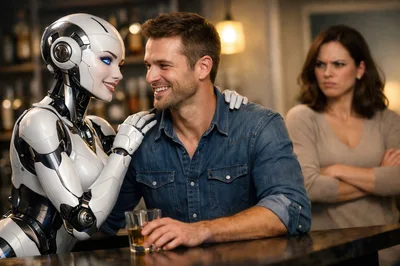 Man Flirting With Humanoid Robot At Bar