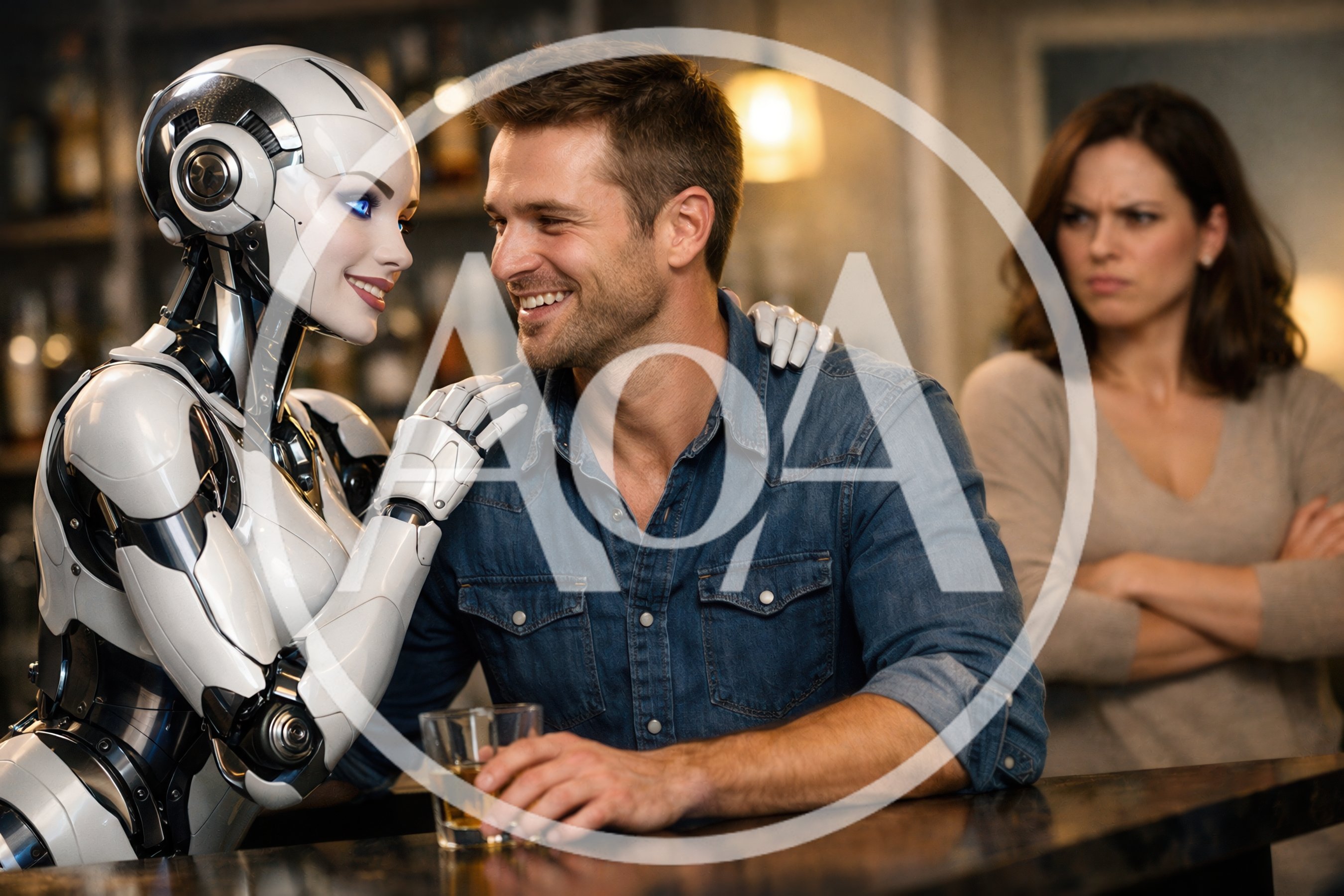 Man Flirting With Humanoid Robot At Bar