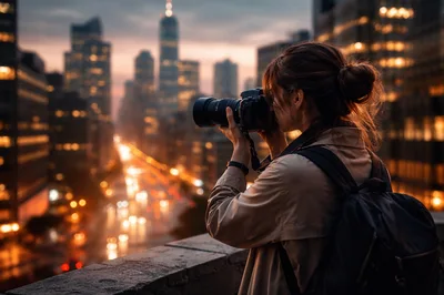 Photographer Capturing Cityscape At Twilight