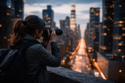 Photographer Capturing Cityscape At Twilight