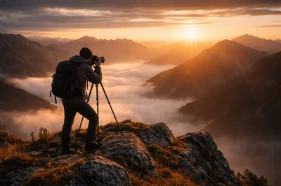 Photographer Capturing Sunrise Over Misty Mountain Range