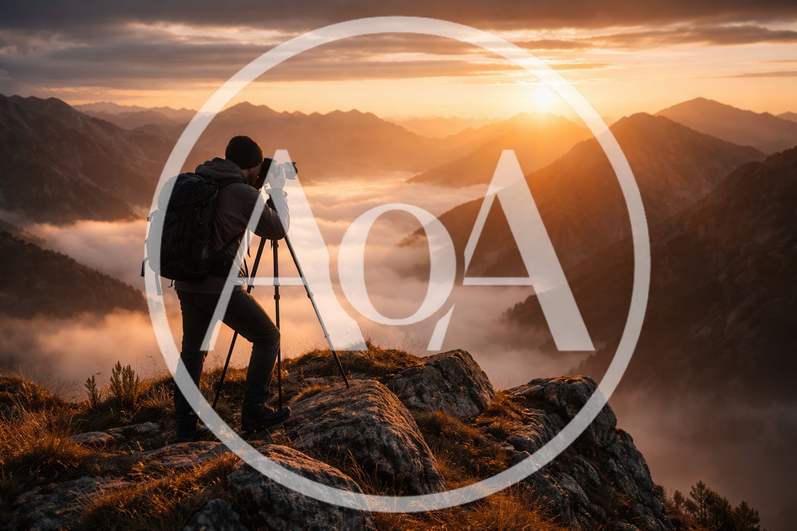 Photographer Capturing Sunrise Over Misty Mountain Range