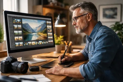 Professional Photographer Editing Landscape Photos On Computer
