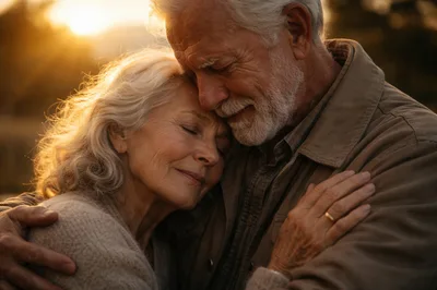 Elderly Couple Embracing Tenderly During Golden Hour