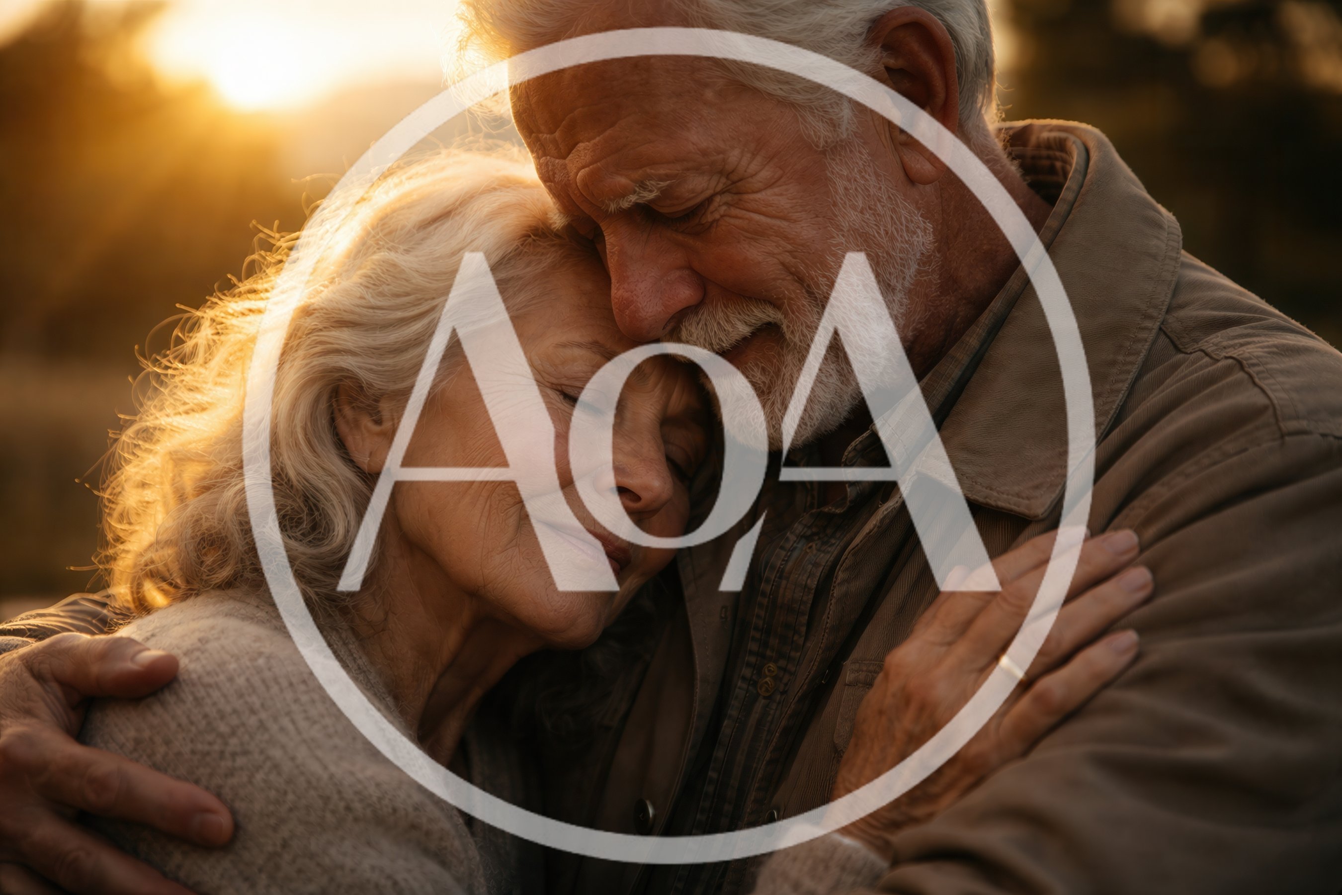Elderly Couple Embracing Tenderly During Golden Hour
