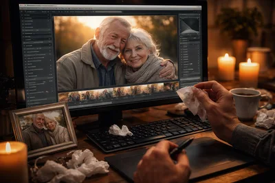 Elderly Man Editing Photos Of His Late Wife