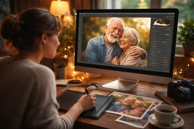 Graphic Designer Editing Senior Couple Portrait on Computer