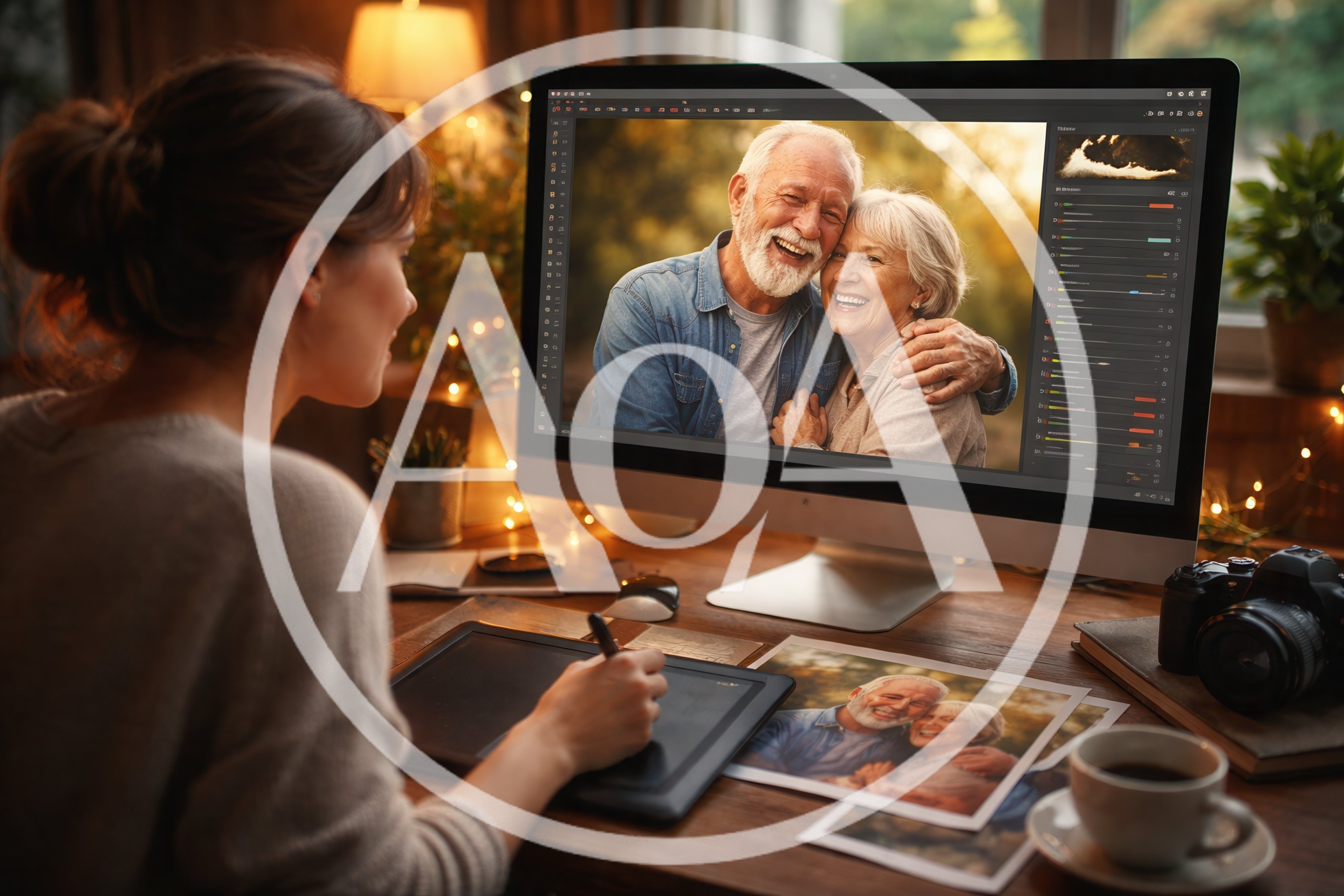 Graphic Designer Editing Senior Couple Portrait on Computer