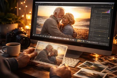 Photographer Editing Romantic Senior Couple Portrait On Computer