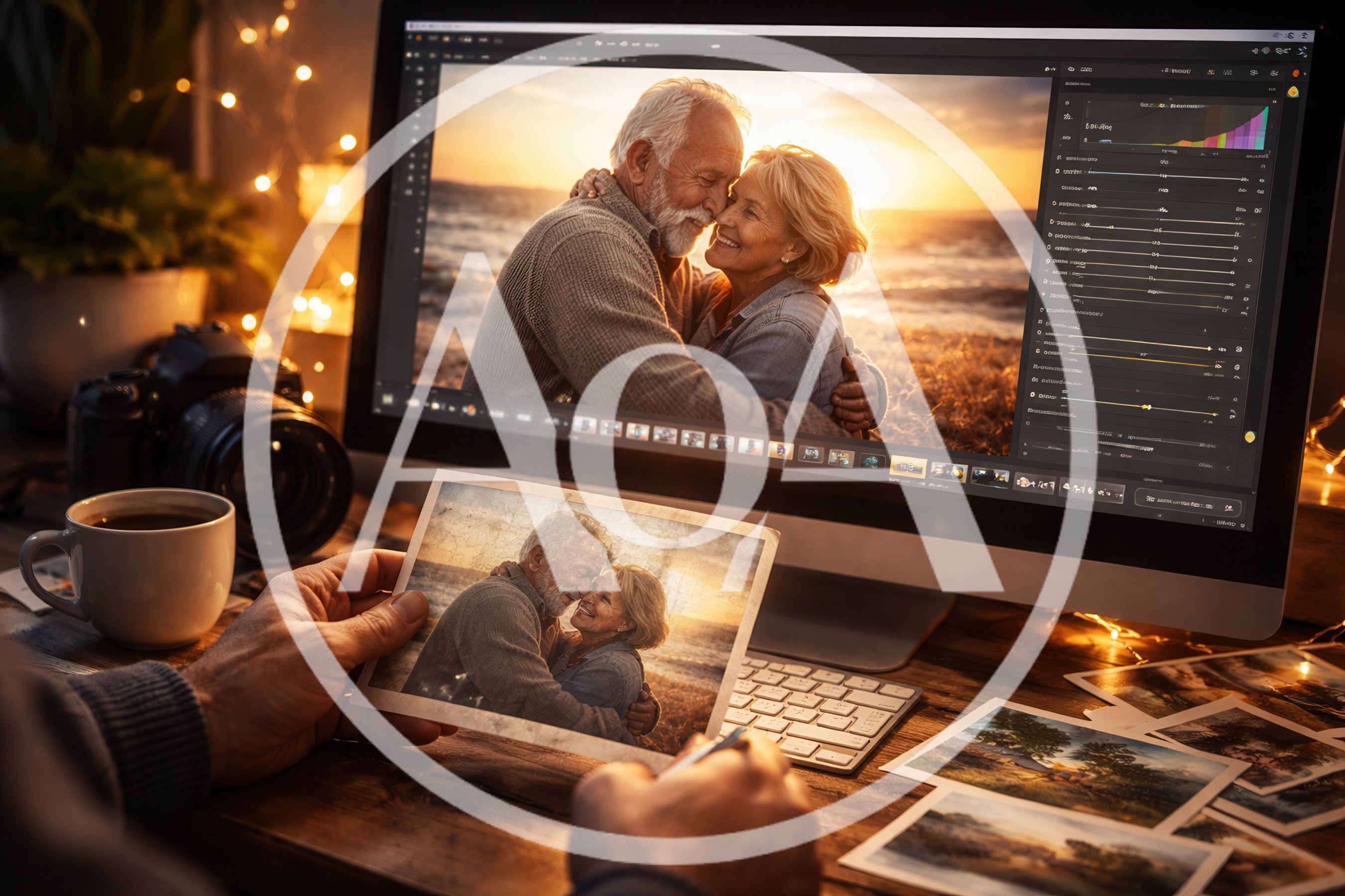 Photographer Editing Romantic Senior Couple Portrait On Computer