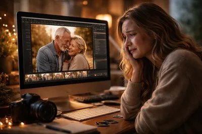 Sad Woman Editing Photos Of Elderly Couple