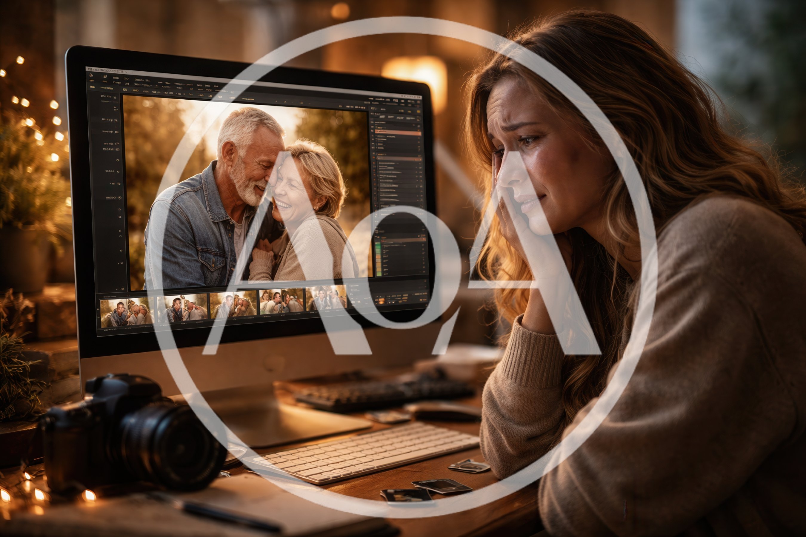 Sad Woman Editing Photos Of Elderly Couple
