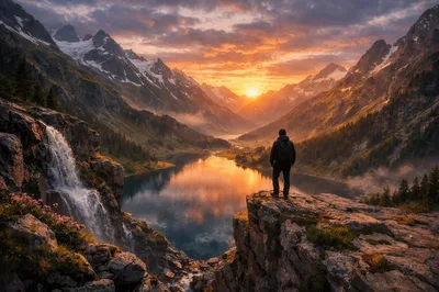 Hiker Standing On Cliff Overlooking Mountain Lake At Sunset