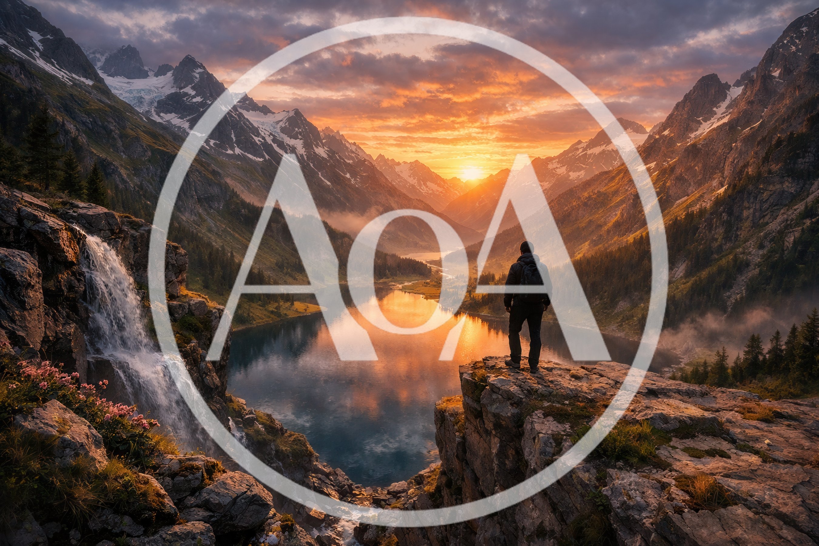 Hiker Standing On Cliff Overlooking Mountain Lake At Sunset